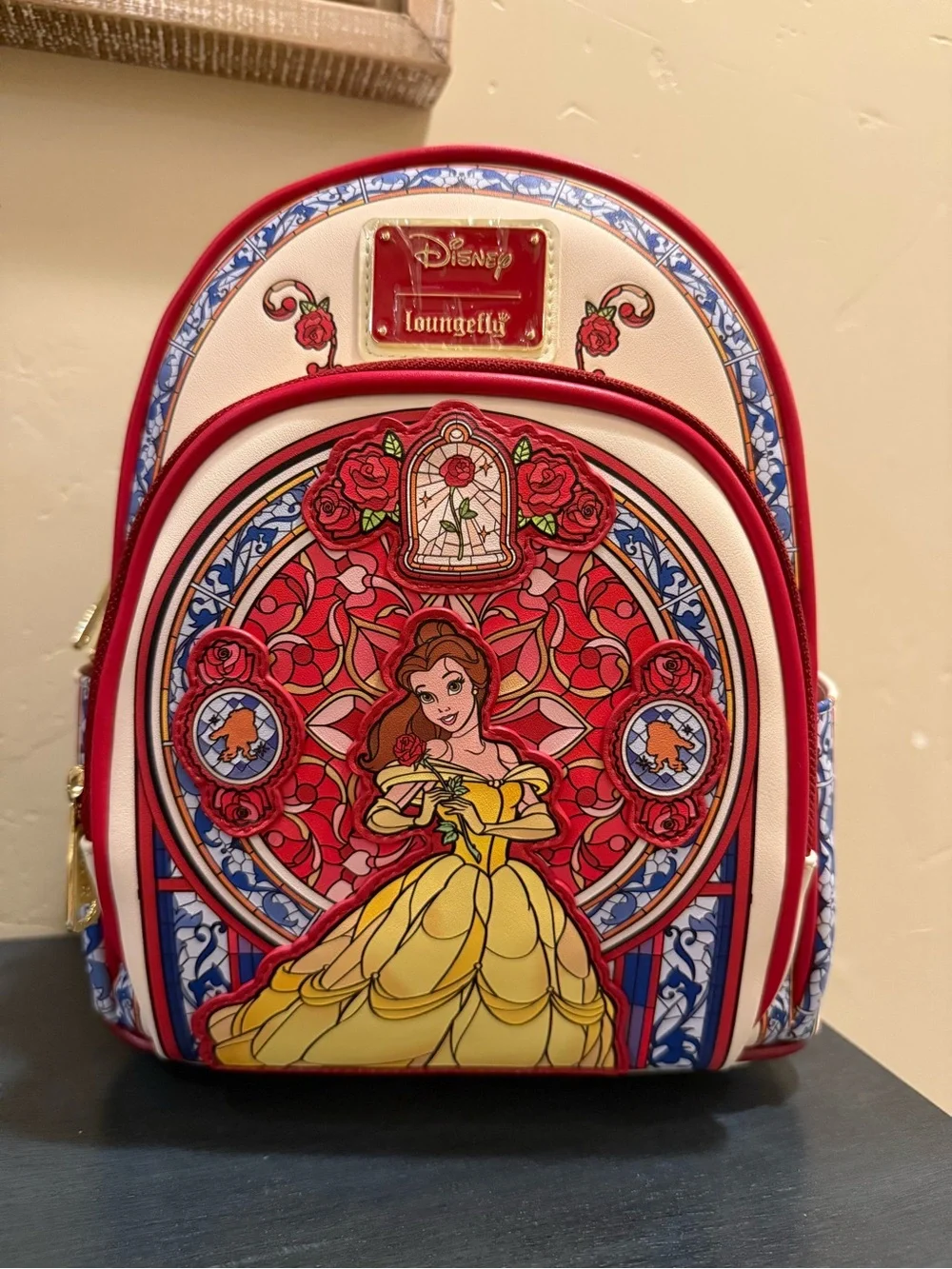 Loungefly Belle Stained Glass Mini Backpack in Red, Yellow and Cream